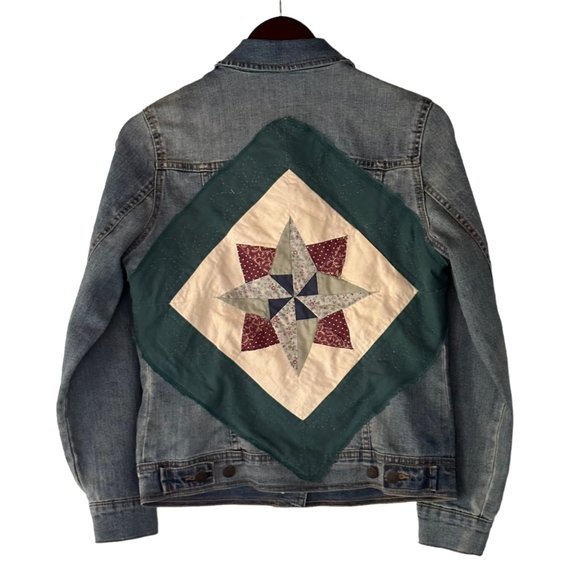 Sold 🎈 Denim Jacket Small Trucker Quilt Square Geometric Star Pinwheel Blue - Picture 3 of 7